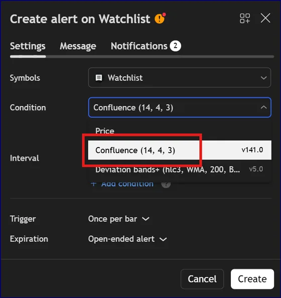 Select Confluence as the alert condition in the dialog