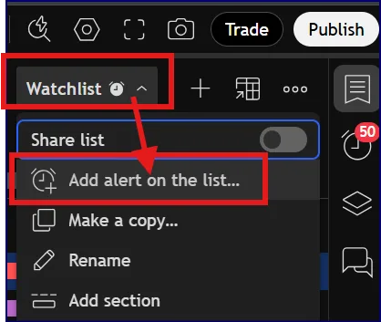 Add alert on the list from the Watchlist menu